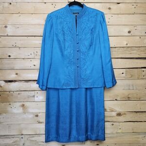 Adrianna Papell Size 12 Women's 100% Silk Skirt Suit Blue 2 Pc Set Beaded